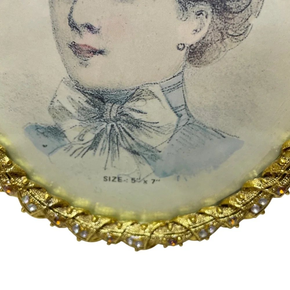 Vintage 19th Century Victorian Watercolor Portrait Young Girl Oval Jeweled Frame